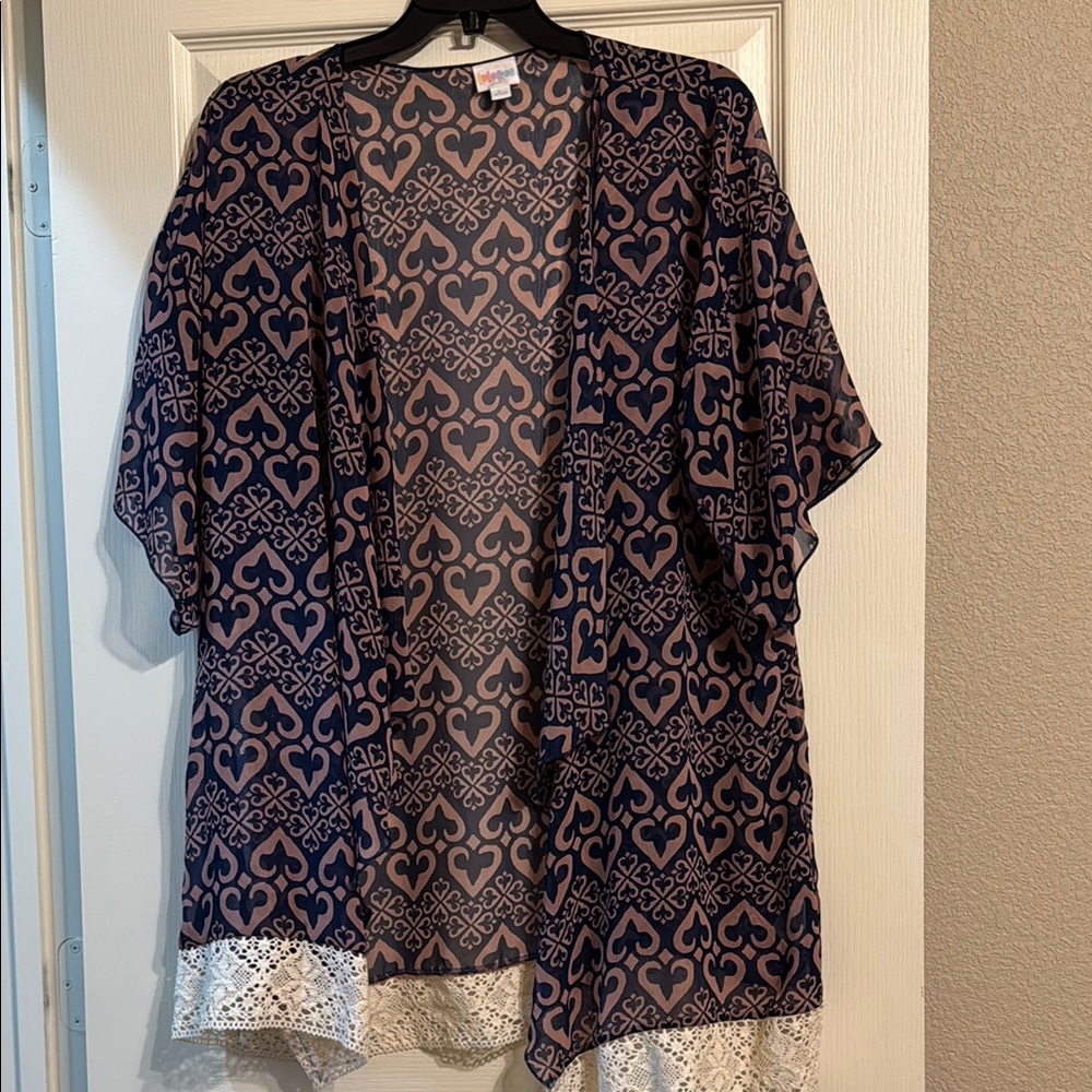 LuLaRoe Blue and pink Heart Pattern Kimono